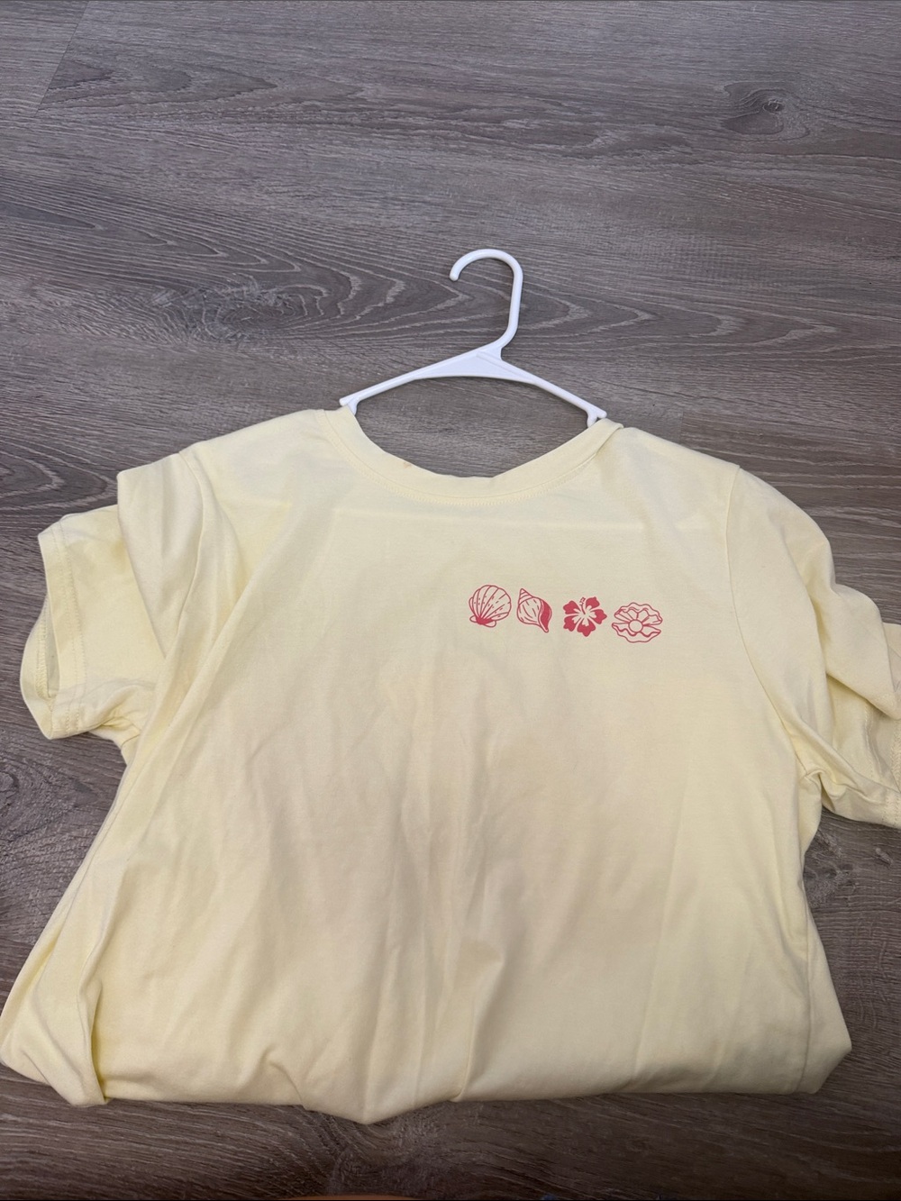 SHEIN Pale Yellow Tee with Pink Seashell & Floral Icons